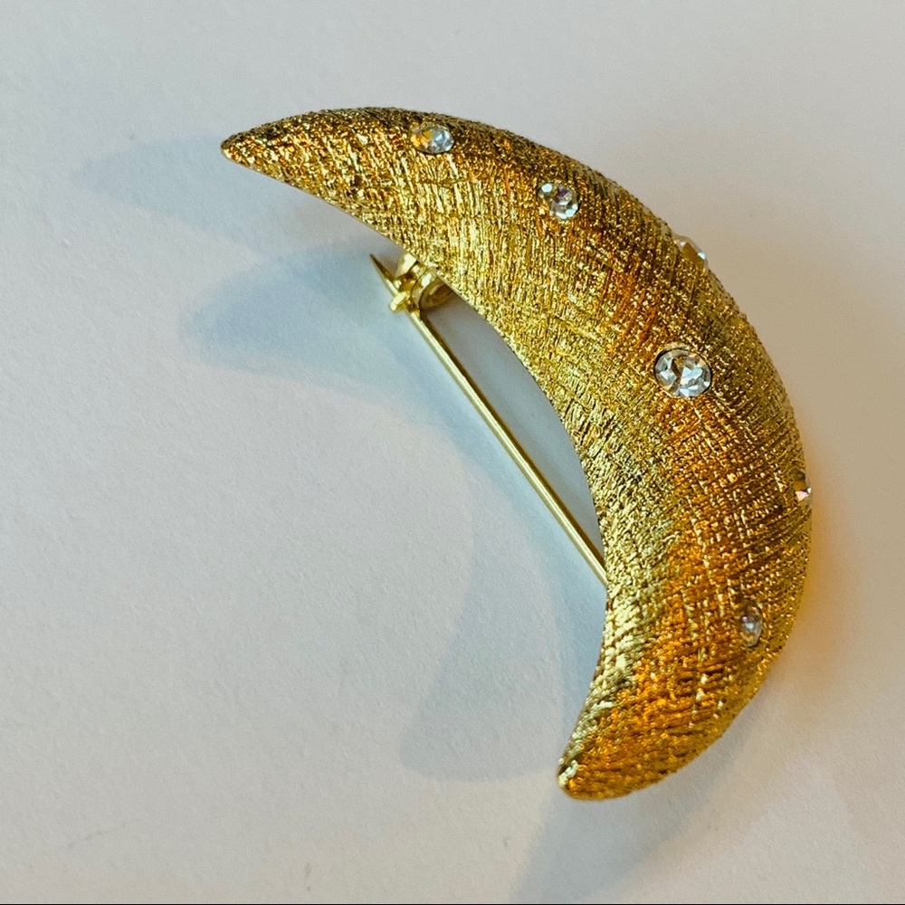 DIOR Crescent Moon Brooch Pin Gold Crystal Vintage - Picture 3 of 6